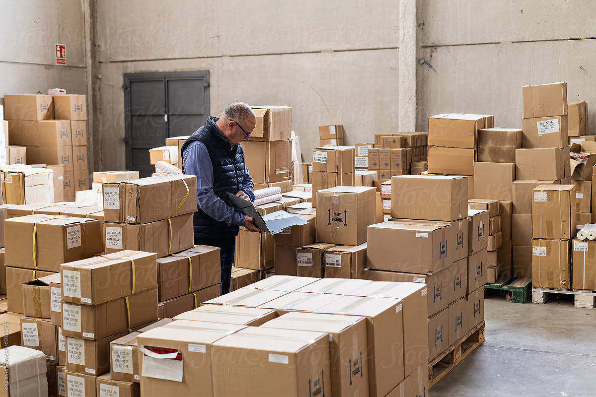 Warehouse worker reviewing stock among stacked boxes